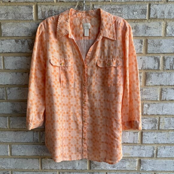 Chico's 3/4 Sleeve Button Up Collared Linen Floral Medallion Shirt Size 2 (L) - Picture 1 of 8